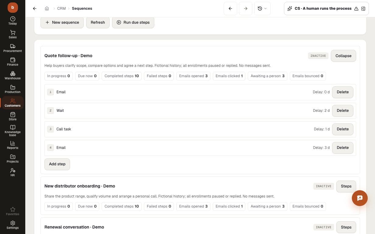 Fictional CRM demo: a four-step follow-up sequence with delays, ten historical completed steps and three tasks awaiting a person; no real messages sent
