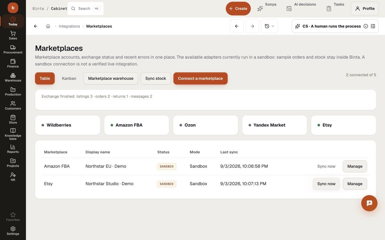 Demo marketplace sandbox: Amazon and Etsy accounts, sync timestamps and a sample exchange of three listings, two orders, one return and two messages; not live connections