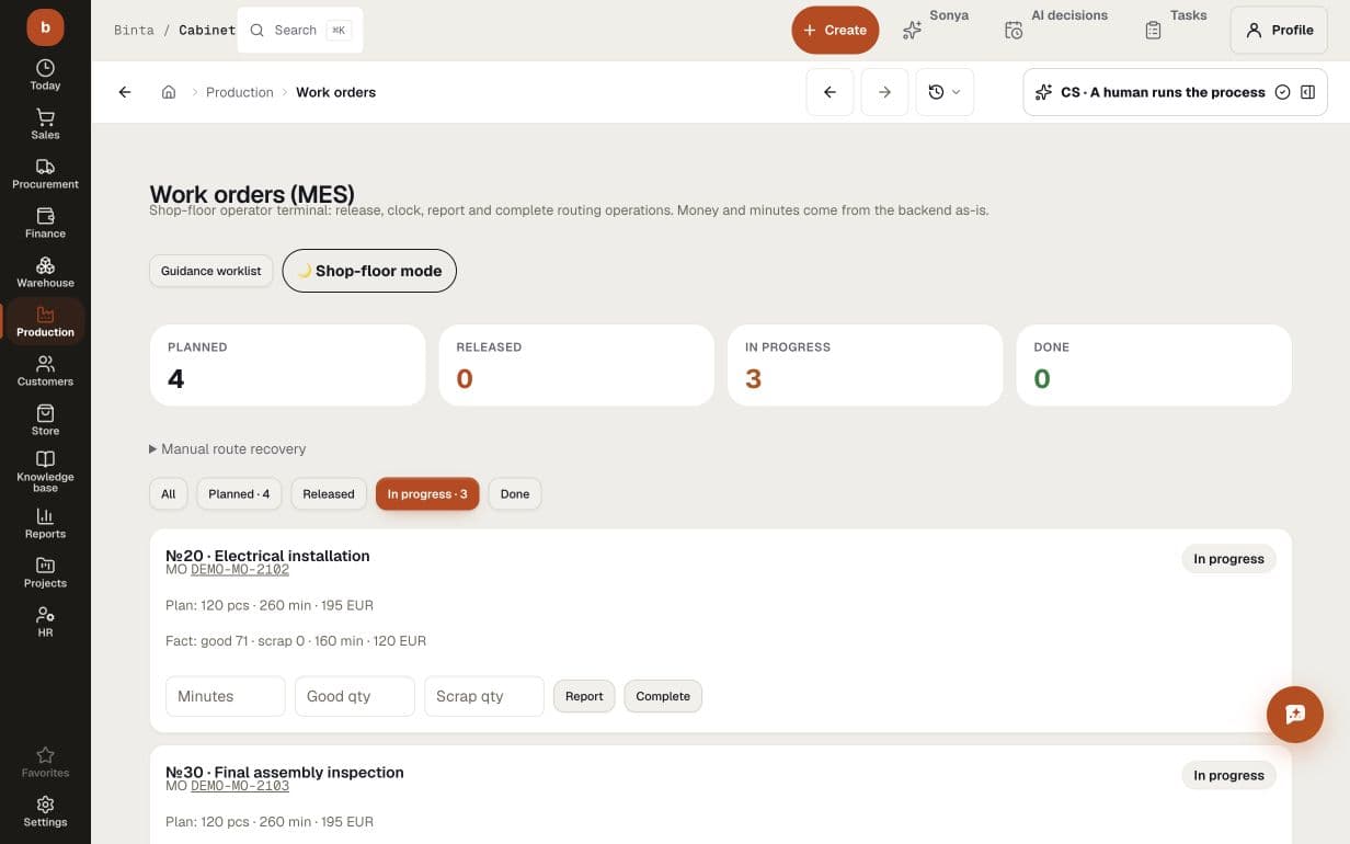 Demo shop-floor work orders filtered to in-progress operations: planned versus reported quantity, minutes and EUR cost, with operator reporting controls